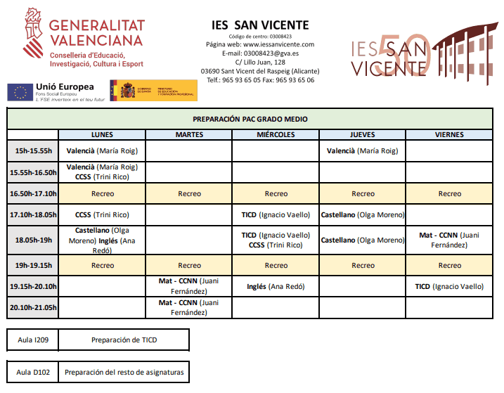 Calendario preparac. grado medio