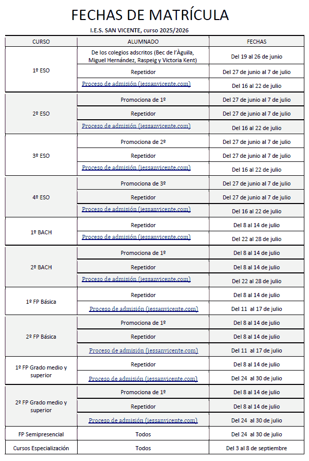 Calendario matricula 2025-26